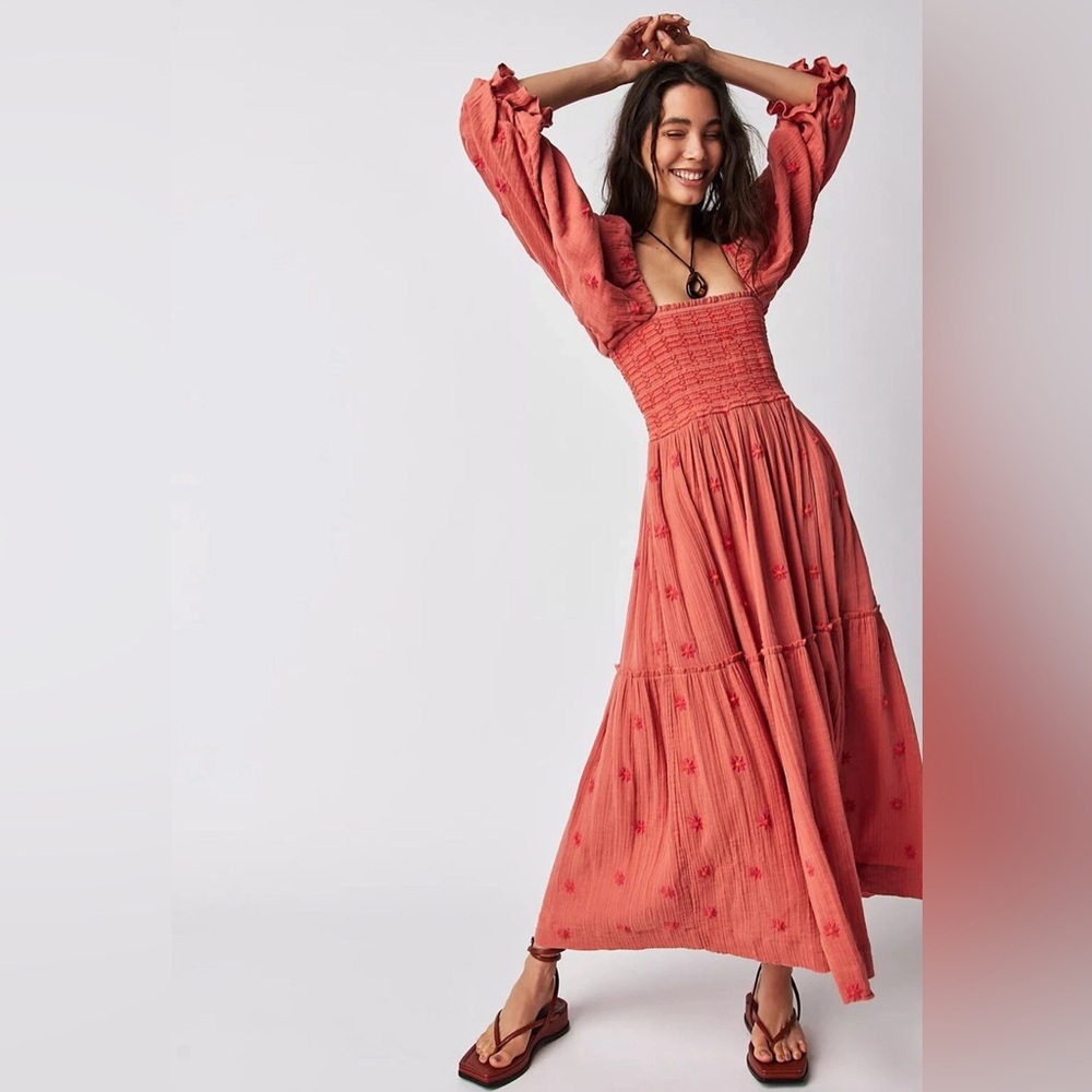 Free People Dahlia Embroidered Boho Flowy Maxi Dress in Melon Combo Size Medium - Picture 3 of 15